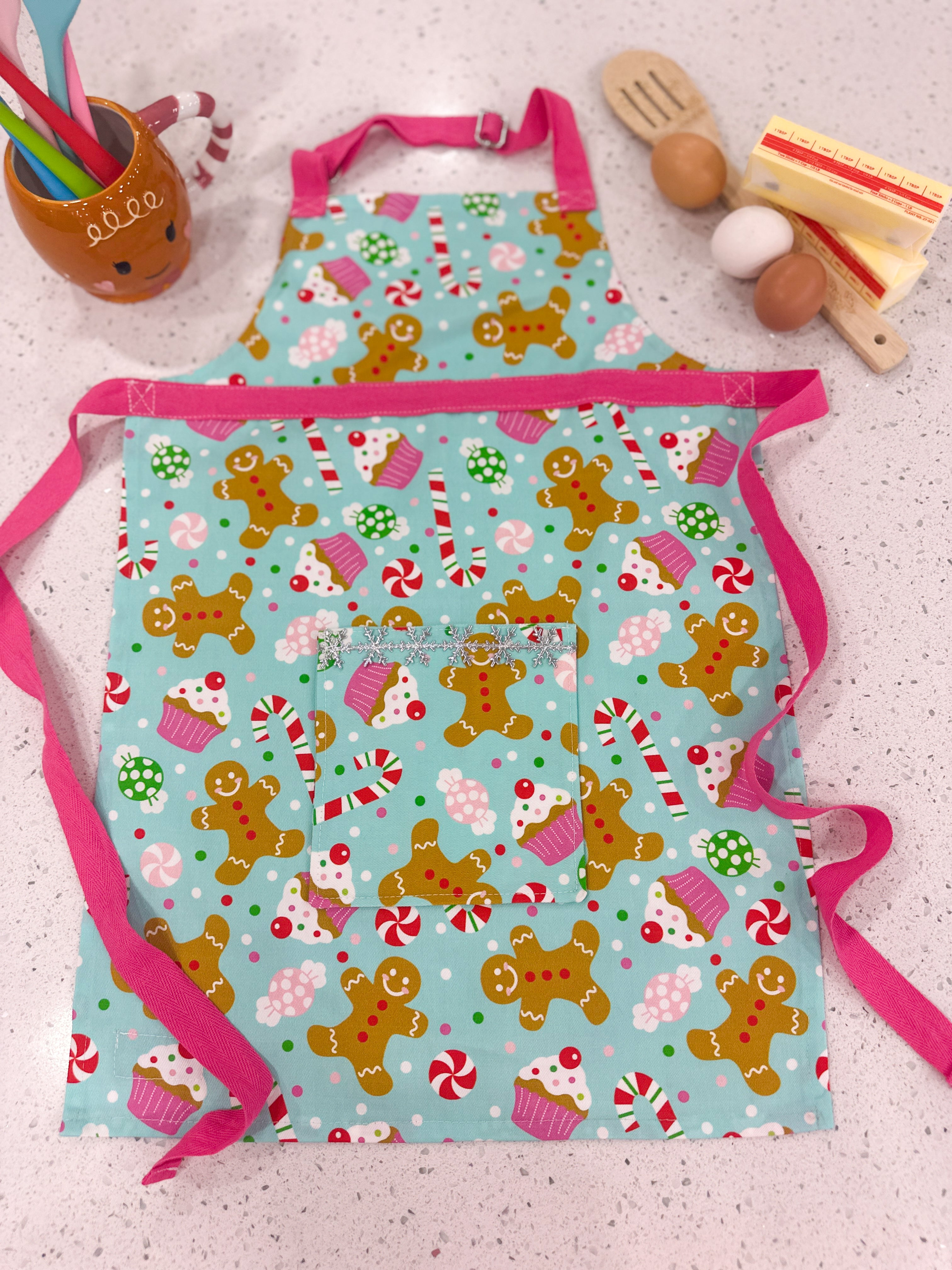 Pink Snowy Sweets Gingerbread Apron - Kids